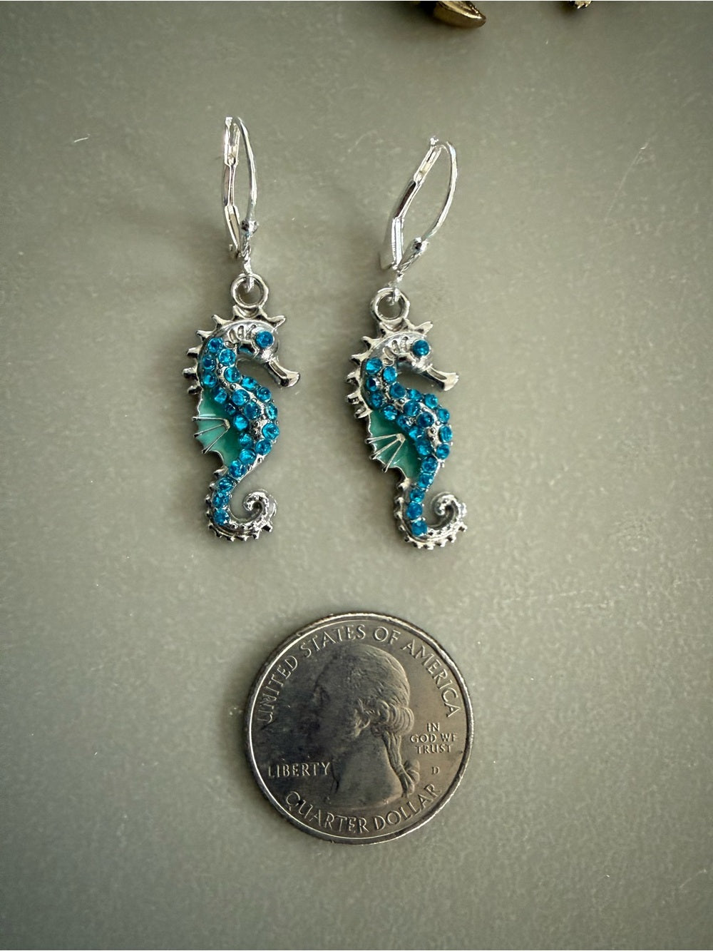 Sparkling Turquoise Crystal Seahorse Earrings Silver Tone Leverback