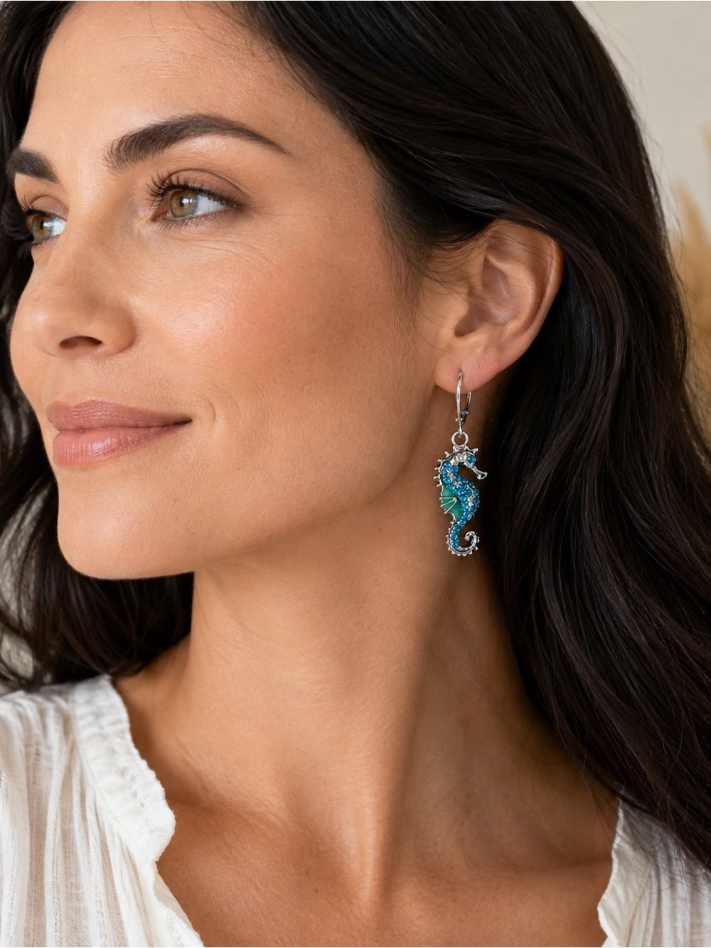 Sparkling Turquoise Crystal Seahorse Earrings Silver Tone Leverback