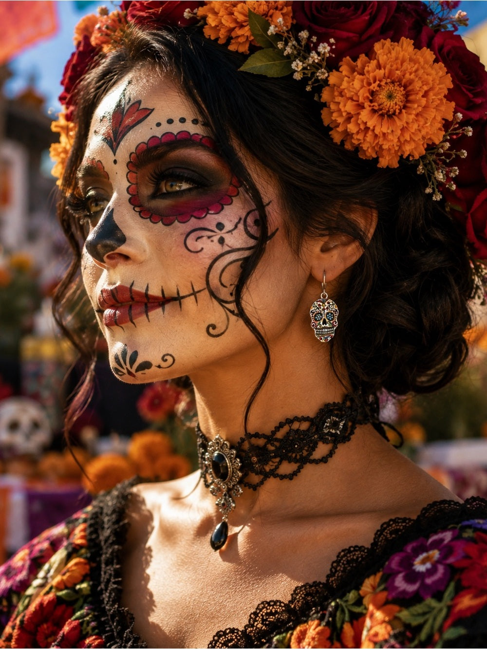 Day of the Dead Sugar Skull Earrings – Colorful Silver Dangles