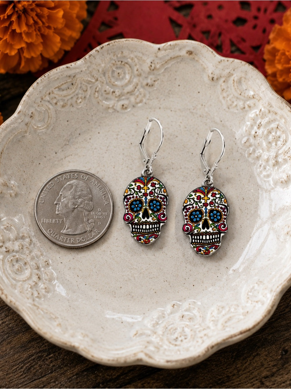 Day of the Dead Sugar Skull Earrings – Colorful Silver Dangles