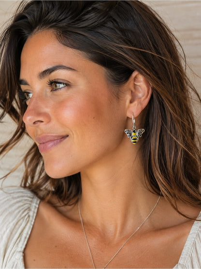 Bumble Bee Leverback Earrings – Yellow & Black Enamel Silver Tone