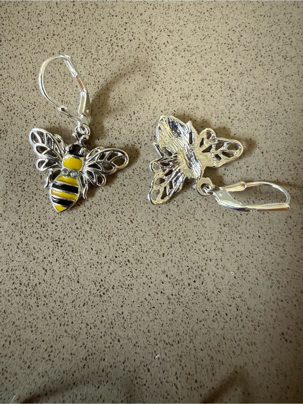 Bumble Bee Leverback Earrings – Yellow & Black Enamel Silver Tone