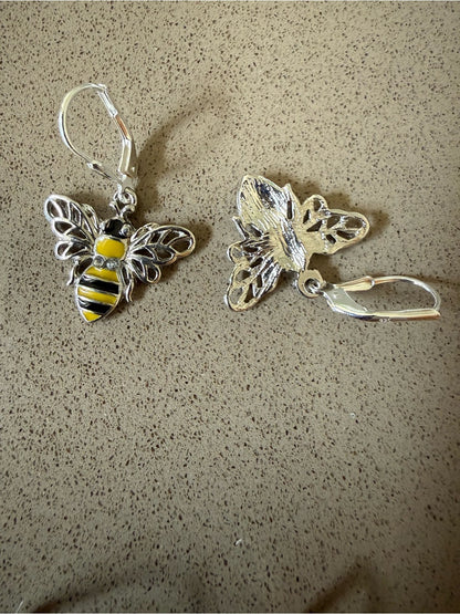 Bumble Bee Leverback Earrings – Yellow & Black Enamel Silver Tone