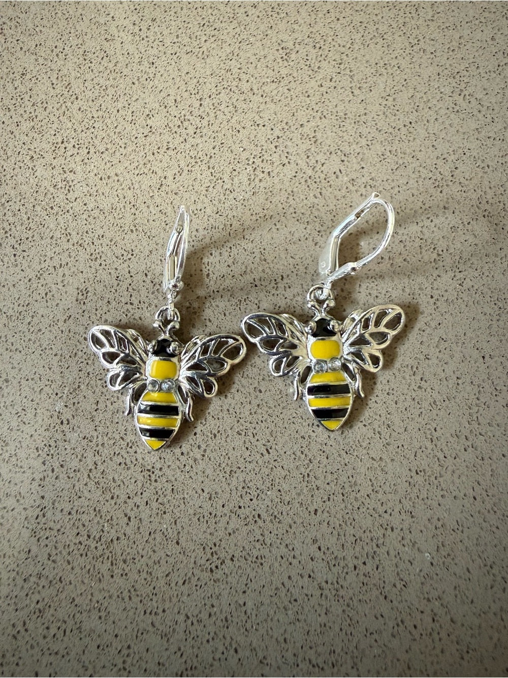 Bumble Bee Leverback Earrings – Yellow & Black Enamel Silver Tone
