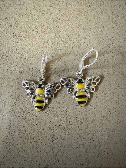 Bumble Bee Leverback Earrings – Yellow & Black Enamel Silver Tone