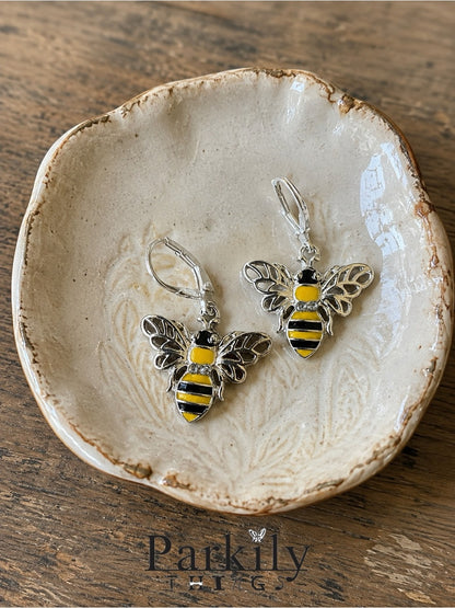 Bumble Bee Leverback Earrings – Yellow & Black Enamel Silver Tone