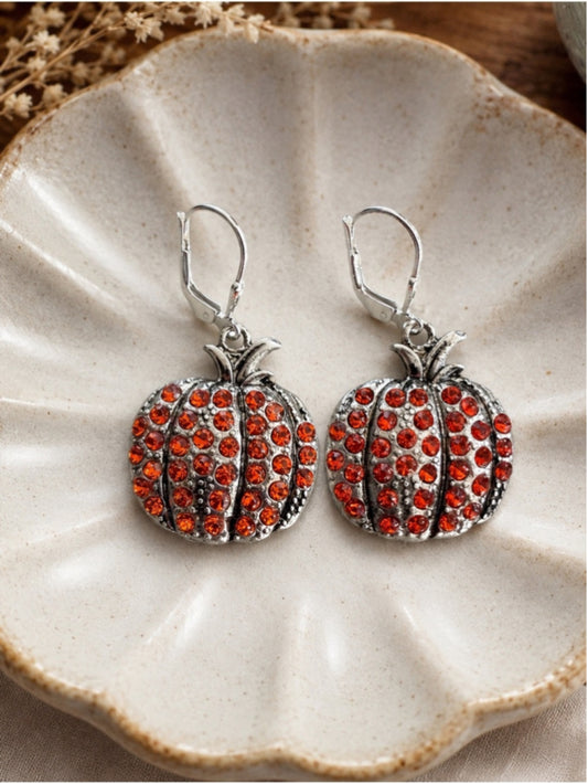 Sparkly Crystal Pumpkin Earrings – Silver Leverback
