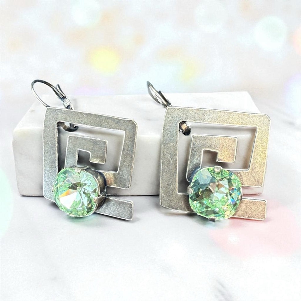 Peridot Green Crystal Earrings | Swarovski | Antique Silver Geometric Dangle