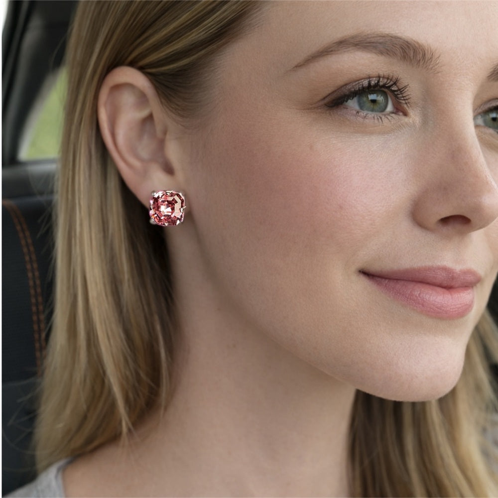 Pink Crystal Stud Earrings | Sparkly imperial Cut | Silver Tone
