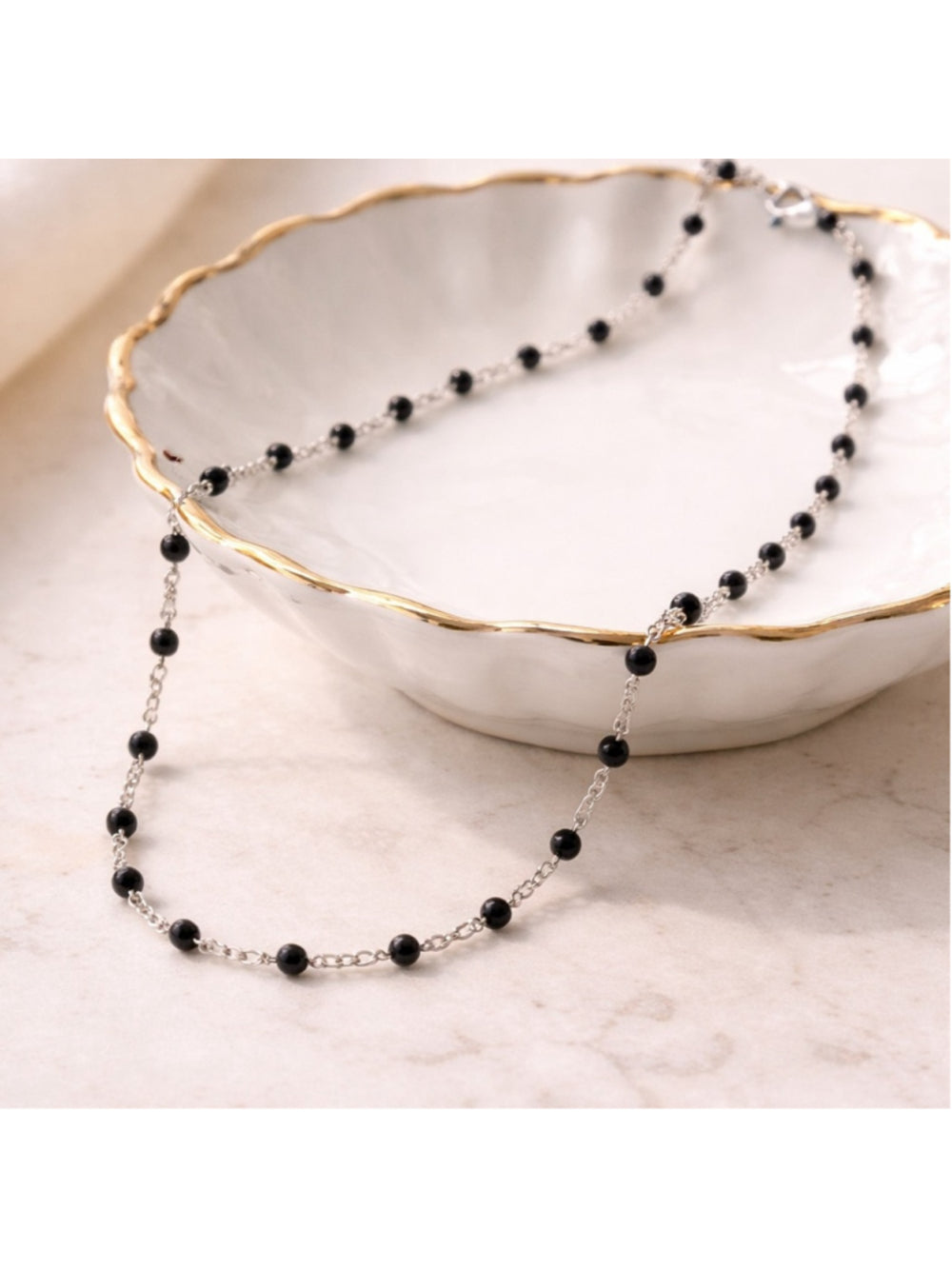Necklace - 18” Stainless Steel Silver tone Necklace with jet black Bead Accents
