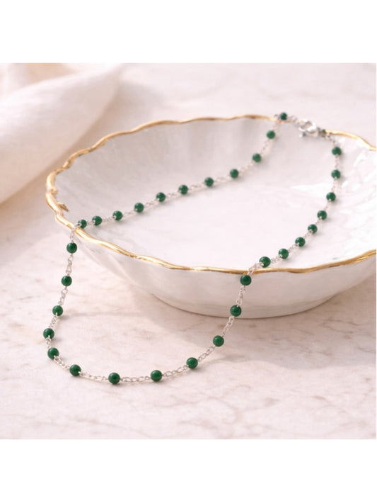 Necklace - 18” Stainless Steel Silver tone Necklace with Green Bead Accents