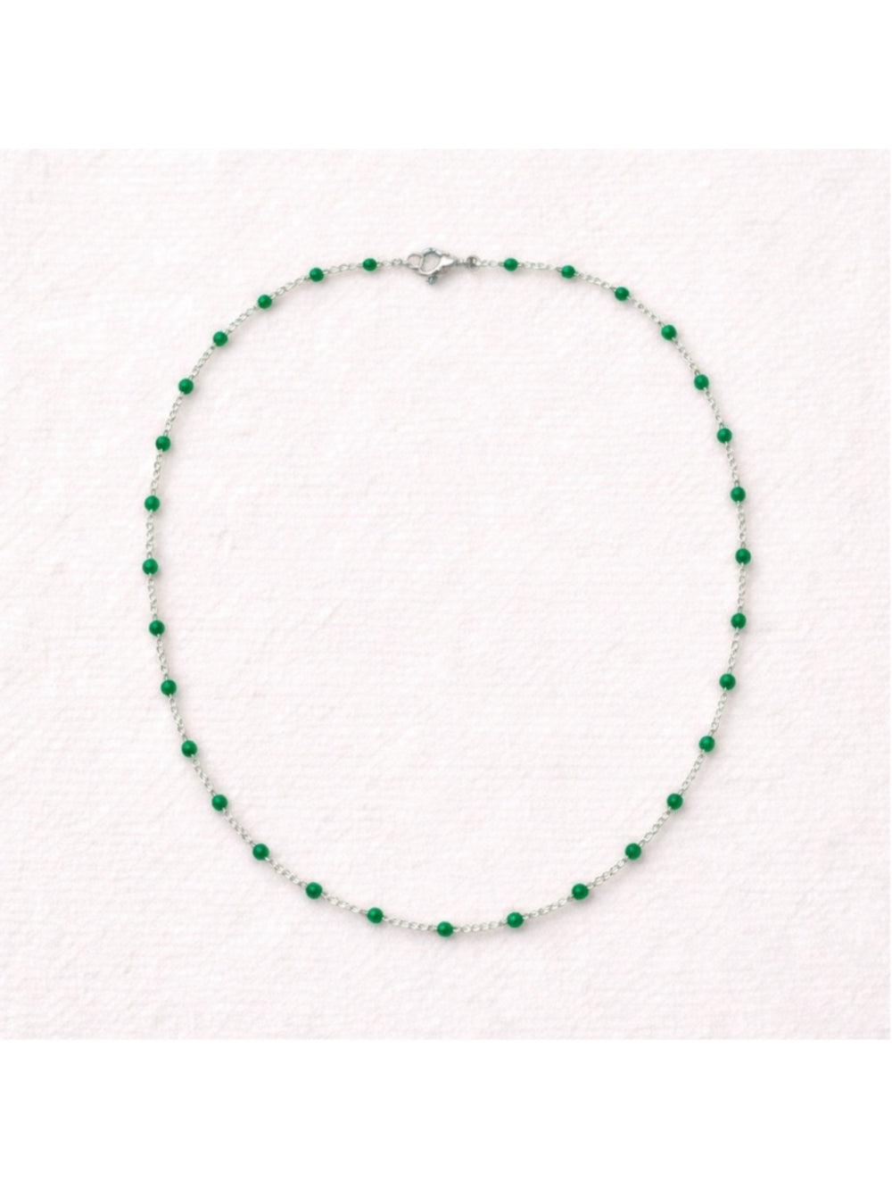 Necklace - 16” Stainless Steel Silver tone Necklace with Green Bead Accents