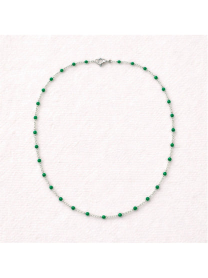 Necklace - 16” Stainless Steel Silver tone Necklace with Green Bead Accents