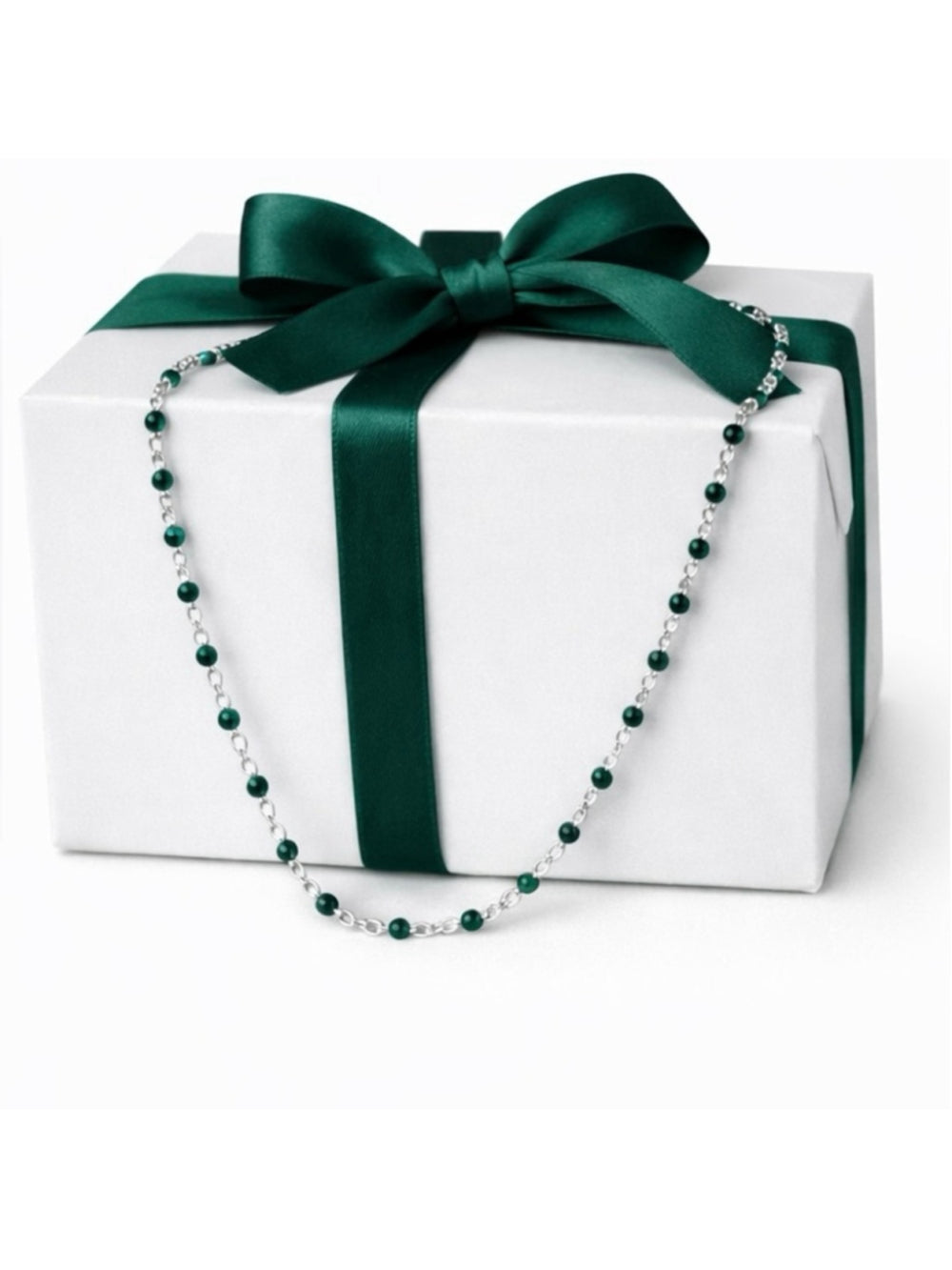 Necklace - 16” Stainless Steel Silver tone Necklace with Green Bead Accents