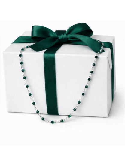 Necklace - 16” Stainless Steel Silver tone Necklace with Green Bead Accents