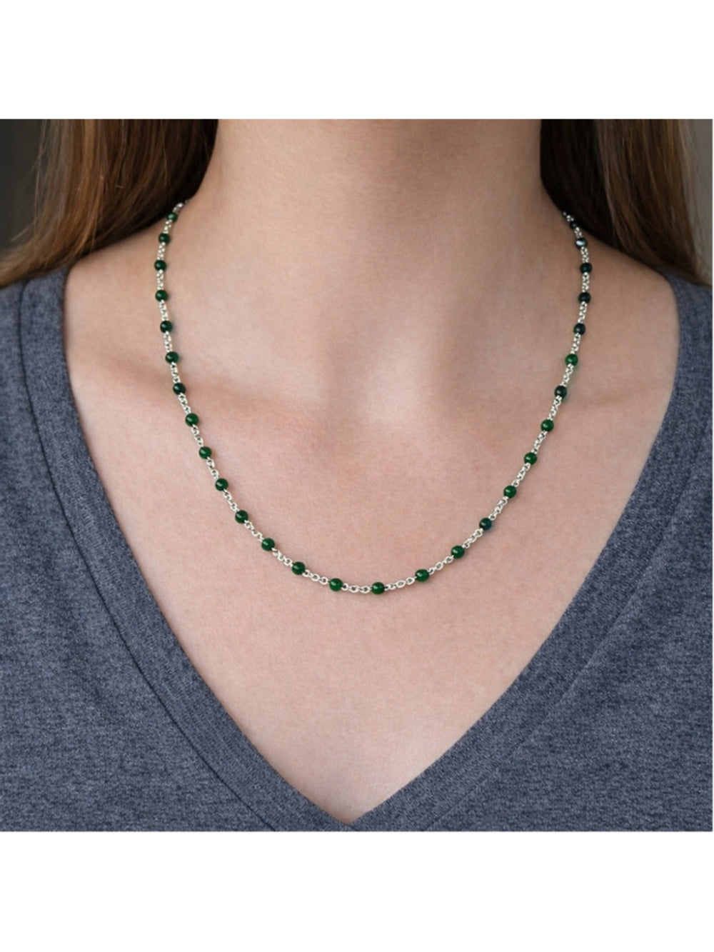 Necklace - 16” Stainless Steel Silver tone Necklace with Green Bead Accents