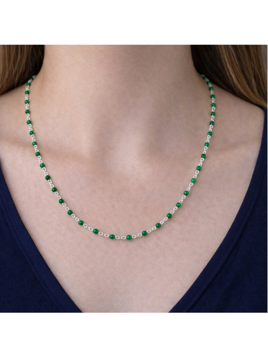 Necklace - 16” Stainless Steel Silver tone Necklace with Green Bead Accents