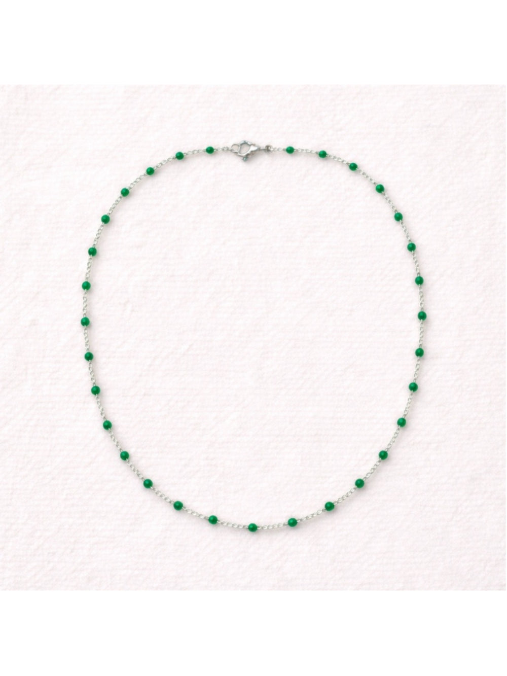 Necklace - 16” Stainless Steel Silver tone Necklace with Green Bead Accents