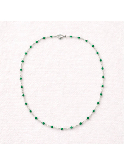 Necklace - 16” Stainless Steel Silver tone Necklace with Green Bead Accents