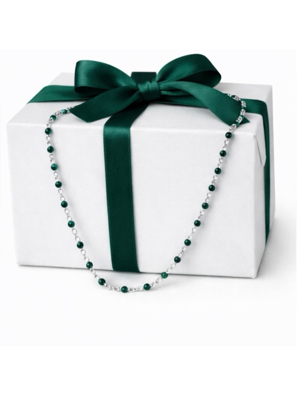 Necklace - 16” Stainless Steel Silver tone Necklace with Green Bead Accents