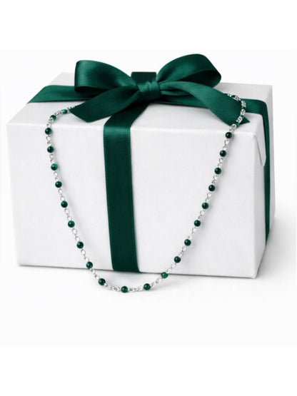 Necklace - 16” Stainless Steel Silver tone Necklace with Green Bead Accents