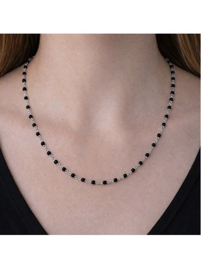Necklace - 16” Stainless Steel Silver tone Necklace with jet black Bead Accents