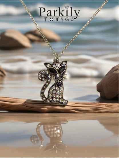 Vintage-Inspired Crystal Cat Pendant Necklace – Buyer’s Choice of Chain Length