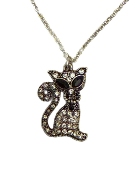 Vintage-Inspired Crystal Cat Pendant Necklace – Buyer’s Choice of Chain Length