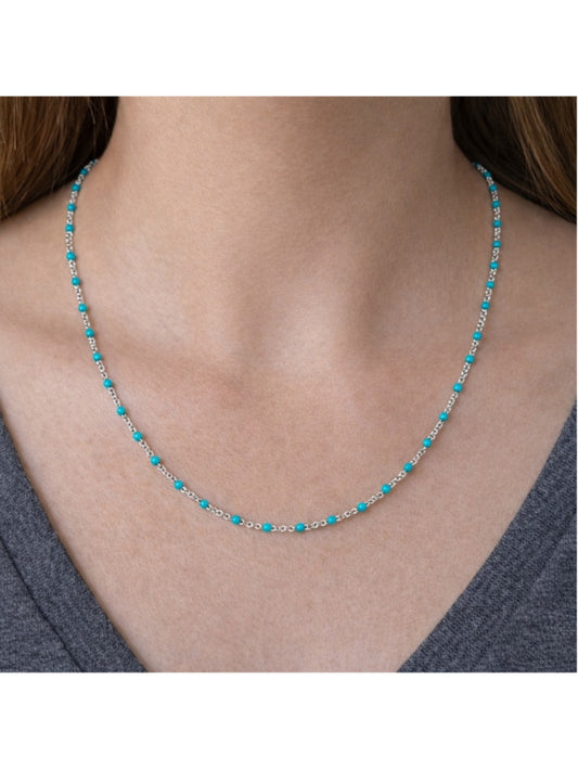 Necklace - 16” Stainless Steel Silver tone with turquoise color Bead Accents