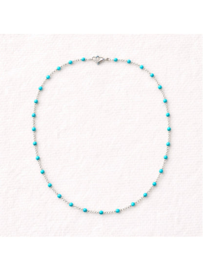 Necklace - 16” Stainless Steel Silver tone with turquoise color Bead Accents