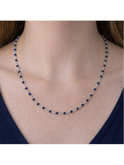 Necklace - 16” Stainless Steel Silver tone Necklace with dark blue Bead Accents