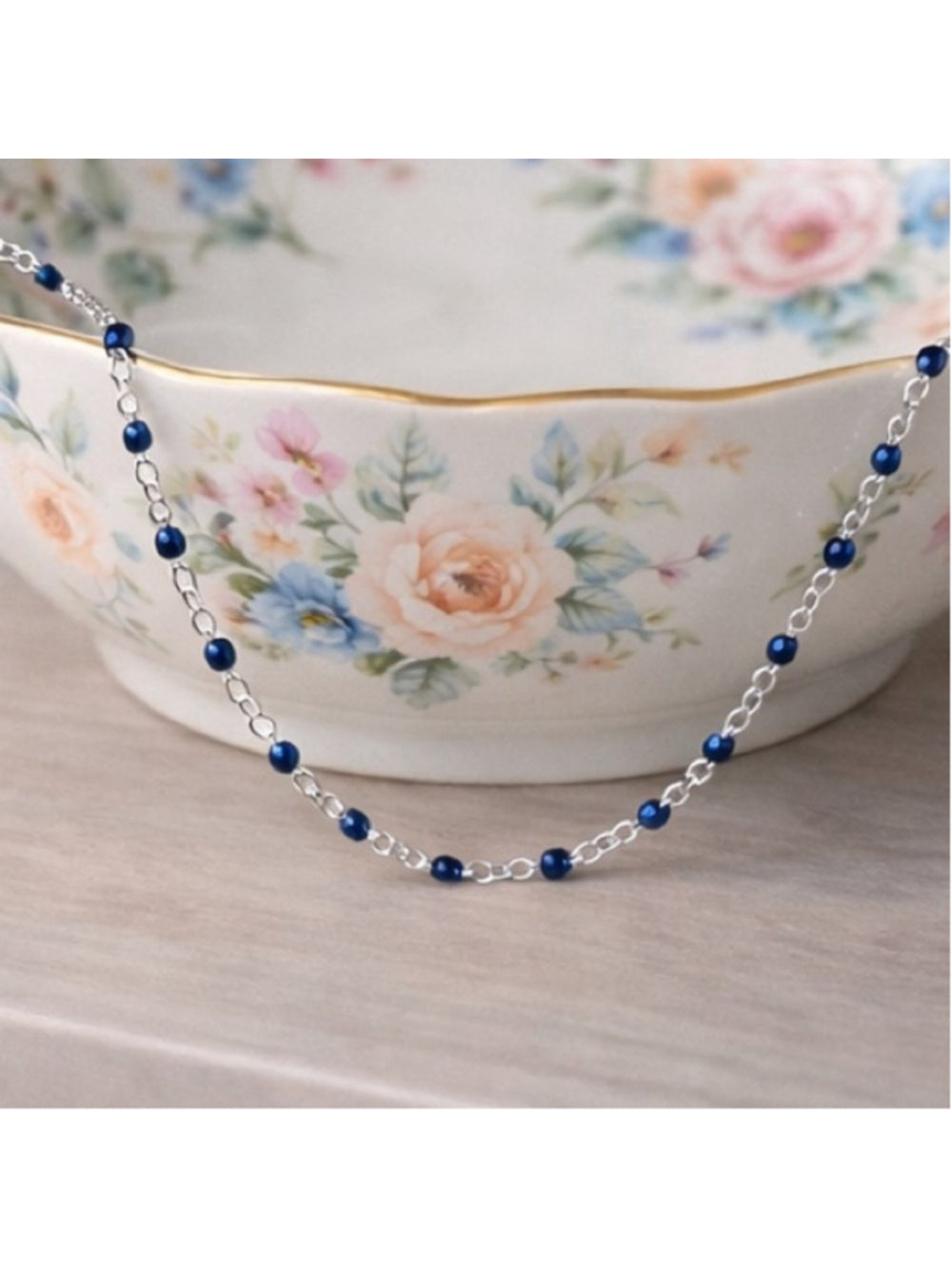 Necklace - 16” Stainless Steel Silver tone Necklace with dark blue Bead Accents