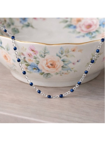 Necklace - 16” Stainless Steel Silver tone Necklace with dark blue Bead Accents