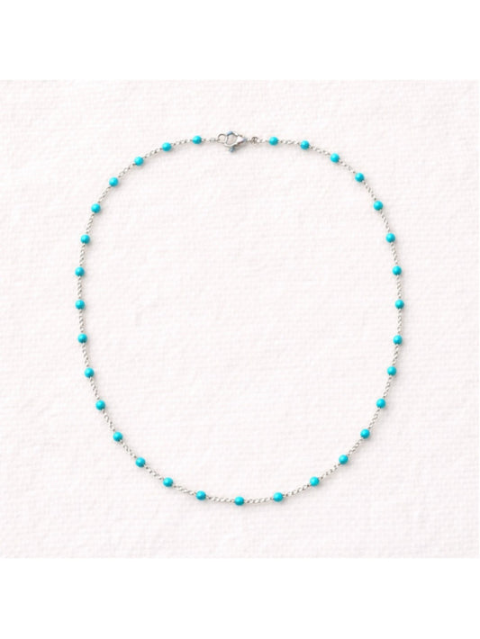 Necklace - 18” Stainless Steel Silver tone with turquoise color Bead Accents