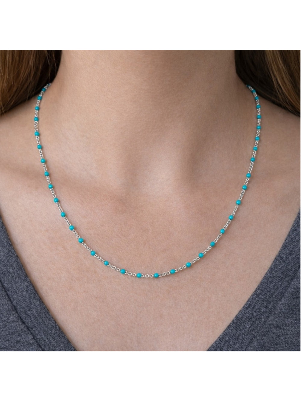 Necklace - 18” Stainless Steel Silver tone with turquoise color Bead Accents