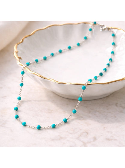 Necklace - 18” Stainless Steel Silver tone with turquoise color Bead Accents