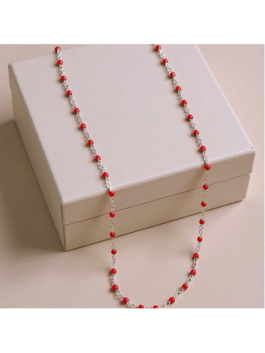 Necklace - 16” Stainless Steel Silver tone Necklace with Red Bead Accents