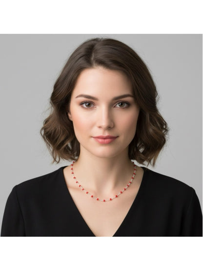 Necklace - 16” Stainless Steel Silver tone Necklace with Red Bead Accents
