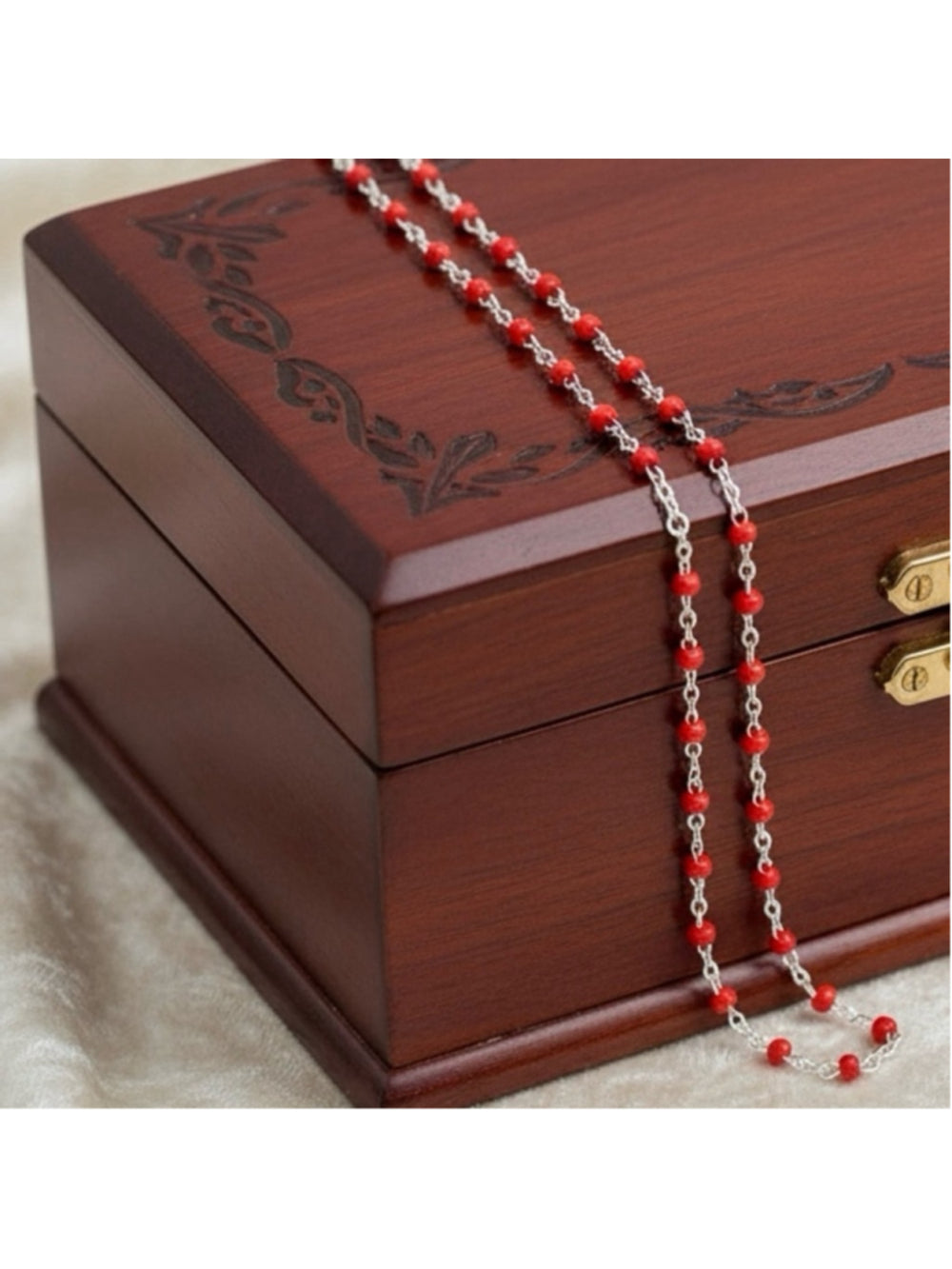 Necklace - 18” Stainless Steel Silver tone Necklace with Red Bead Accents