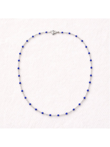 Necklace - 18” Stainless Steel Silver tone Necklace with dark blue Bead Accents