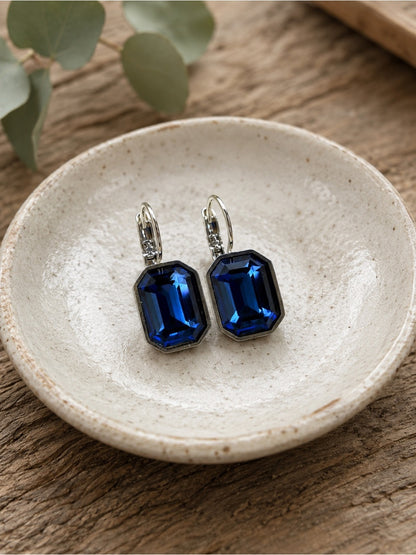 Handcrafted earrings with sparkly Montana blue octagon Austrian crystal