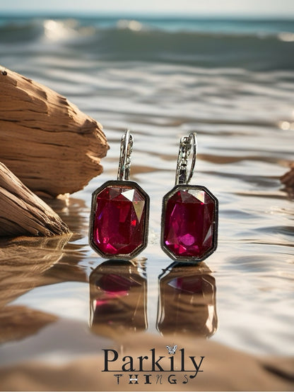 Handcrafted earrings with sparkly fuchsia octagon Austrian crystal