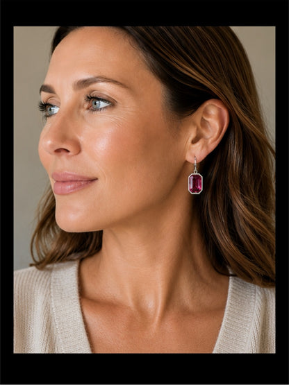 Handcrafted earrings with sparkly fuchsia octagon Austrian crystal