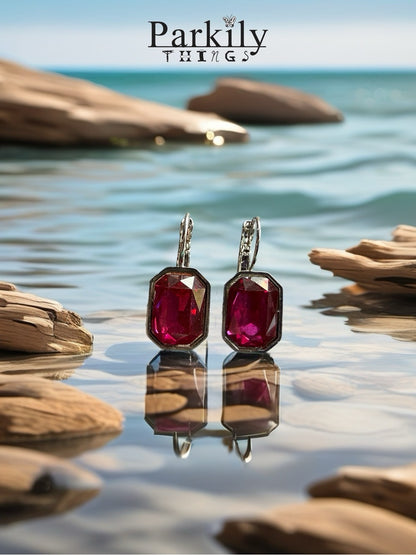 Handcrafted earrings with sparkly fuchsia octagon Austrian crystal