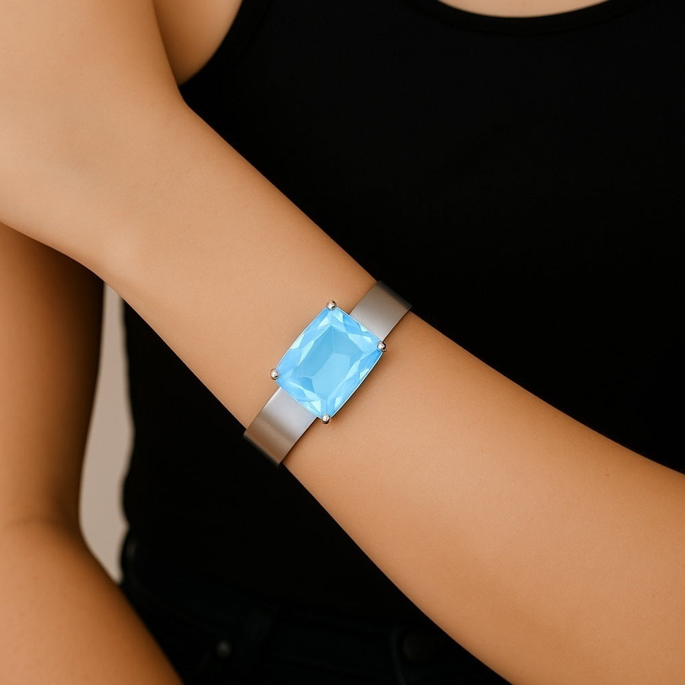 New Handcrafted silver bangle bracelet with sky blue ignite Swarovski crystal