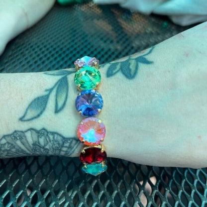 Handcrafted Rainbow Cup Chain Bracelet Swarovski Rivoli Crystal Multicolor W NWT