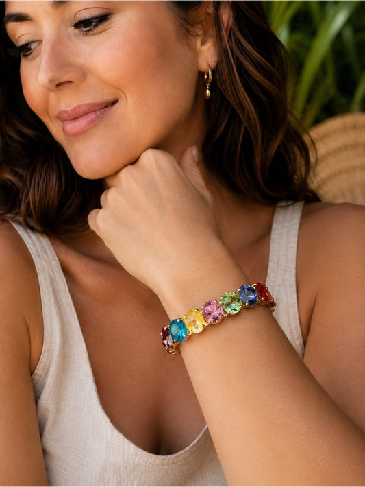 Handcrafted Rainbow Cup Chain Bracelet Swarovski Rivoli Crystal Multicolor W NWT