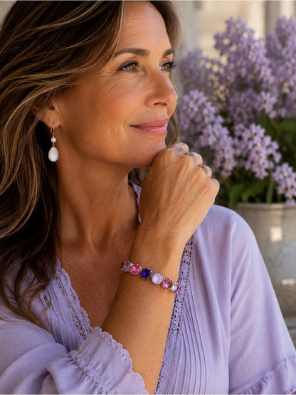 Handcrafted statement bracelet with Swarovski crystal pinks and purples