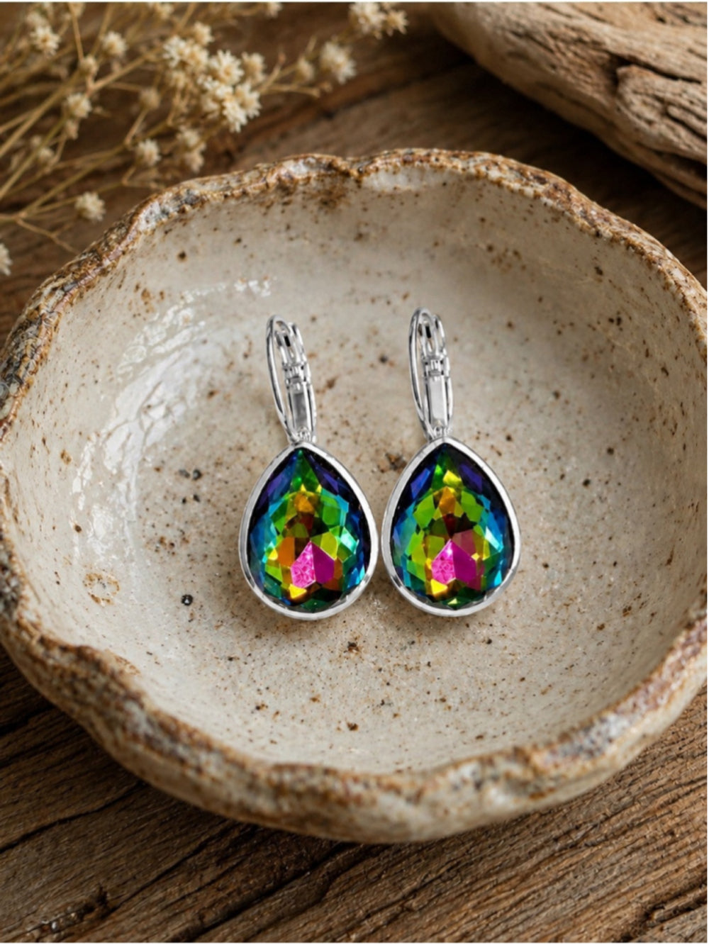 ParkilyThings Rainbow Vitrail Teardrop Crystal Earrings – silver leverback