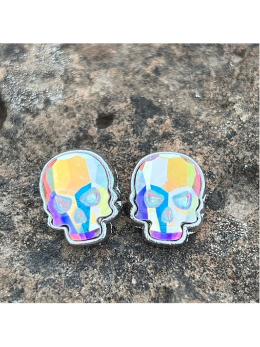 Skull post earrings made with aurora borealis Swarovski crystal